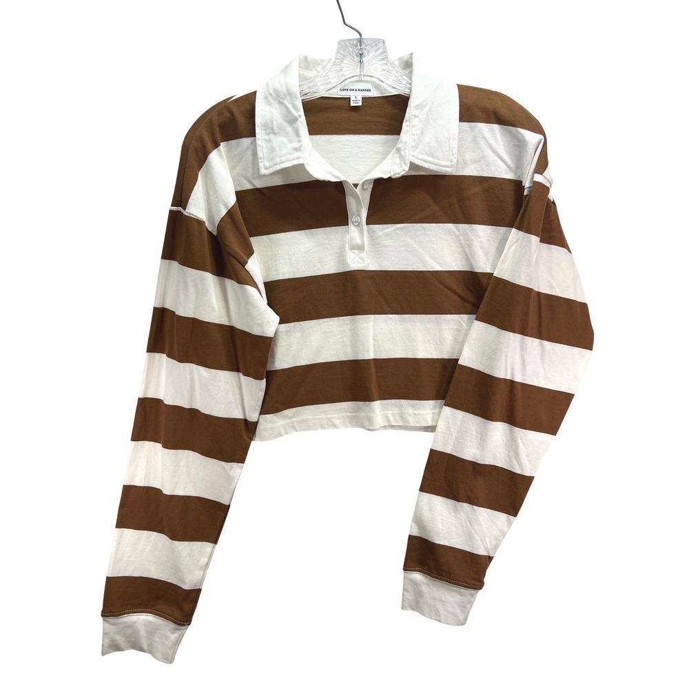 Love On A Hanger Womens Brown White Striped Cropped Rugby Shirt Long Sleeve L